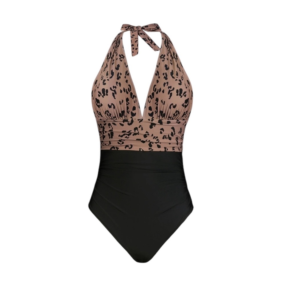 CUPSHE Cheetah Print Plunge Halter One-Piece Swimsuit Medium NWT